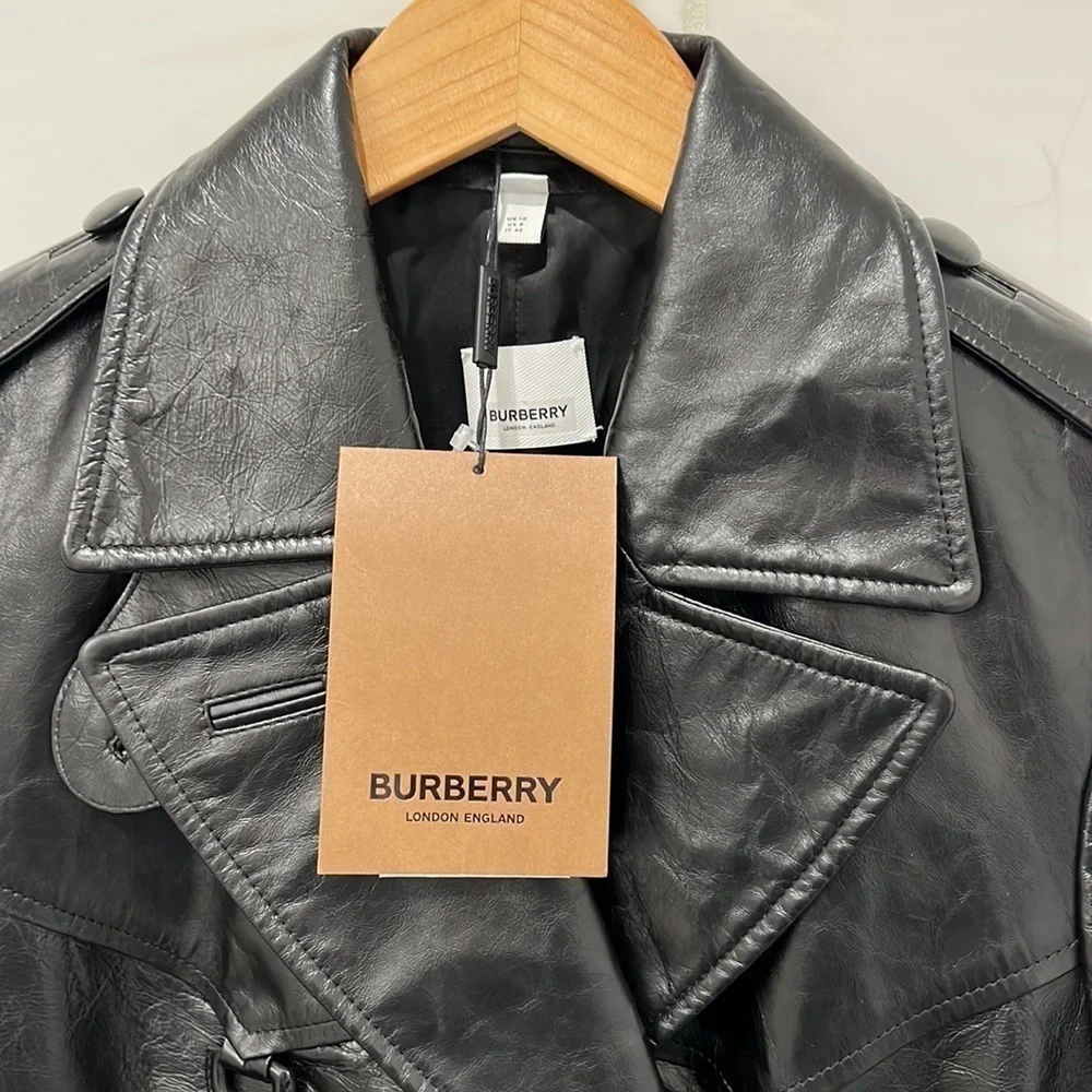 Burberry | NWT D-Ring Detail Crinkled Leather Trench Coat in Black - Size IT 42 - Picture 11 of 16